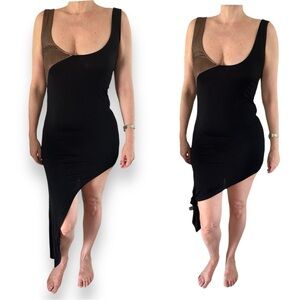 Vintage 90s Black Bronze Asymmetrical High low  Dress midi short party dress